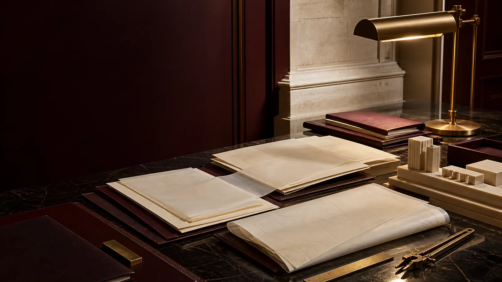 A conceptual authority-pack review desk with architectural documents and study materials