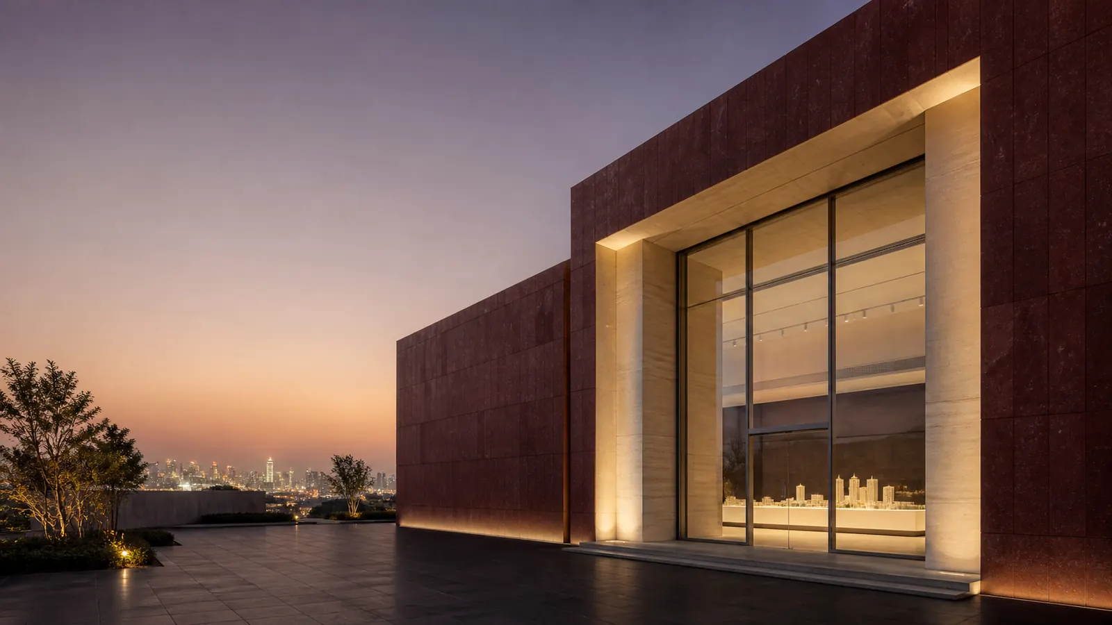 A conceptual institutional arrival portico illuminated at dawn