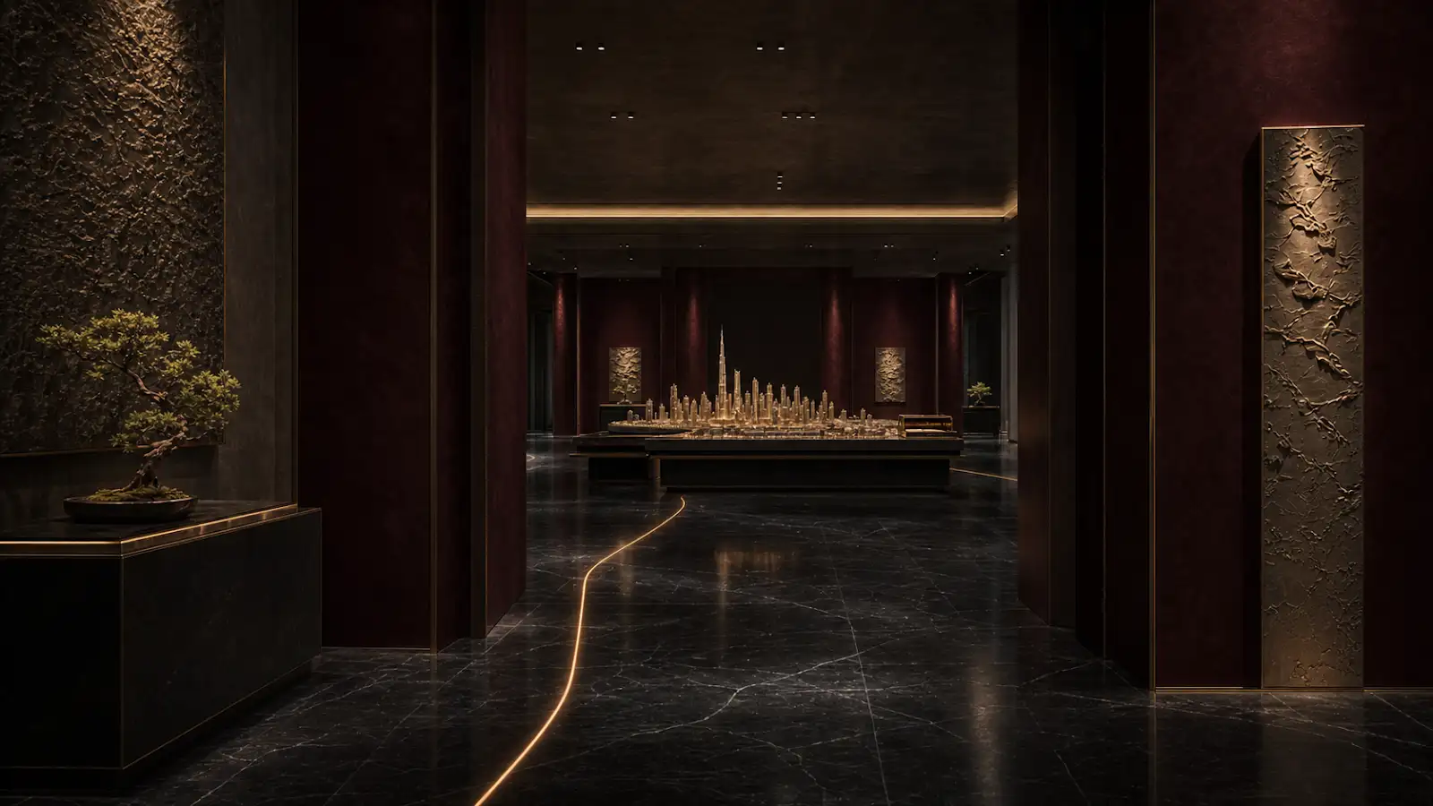 A dark museum-like gallery leading toward an illuminated architectural table